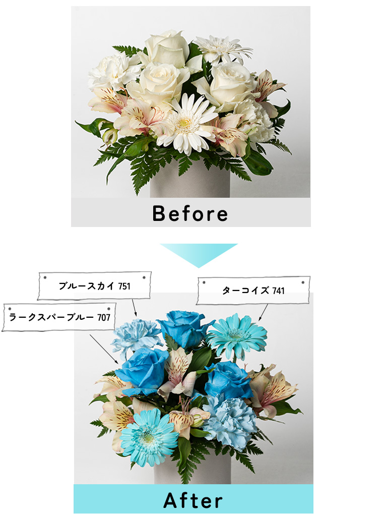 スプレーbefore afterの写真、afterの写真は綺麗な水色
