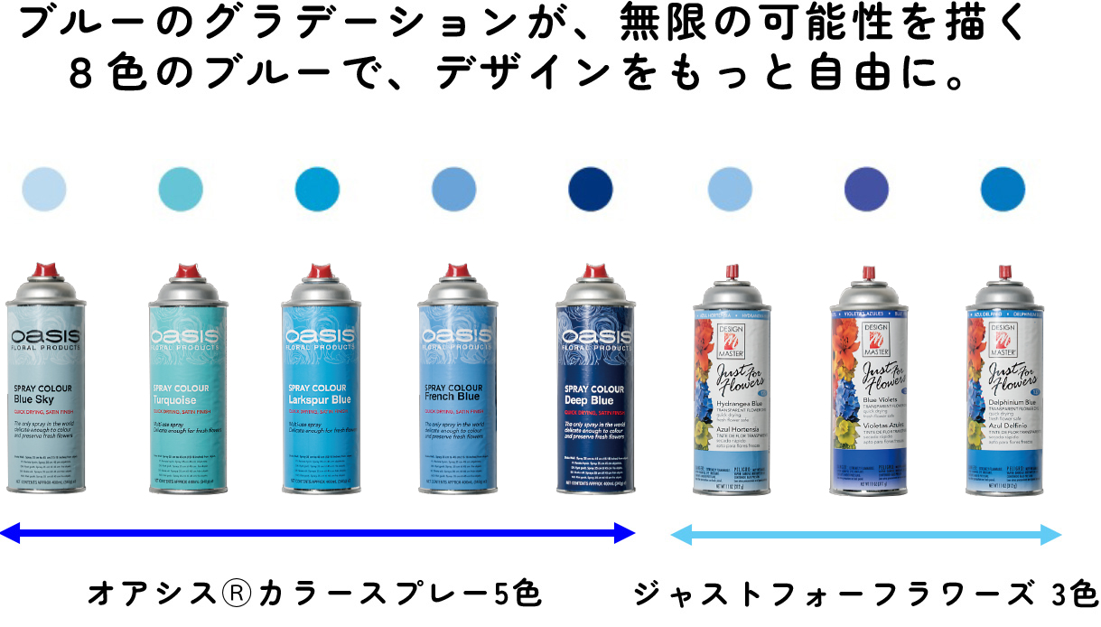 ブルーのグラデーションが、無限の可能性を描く
		８色のブルーで、デザインをもっと自由に。：ブルーのスプレー缶　８種